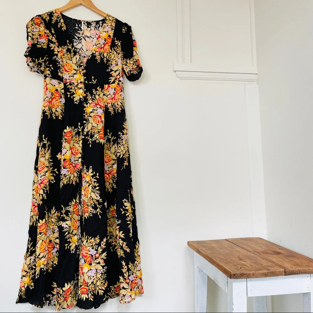 Free people Black Floral Maxi Button Up Dress - Picture 1 of 4